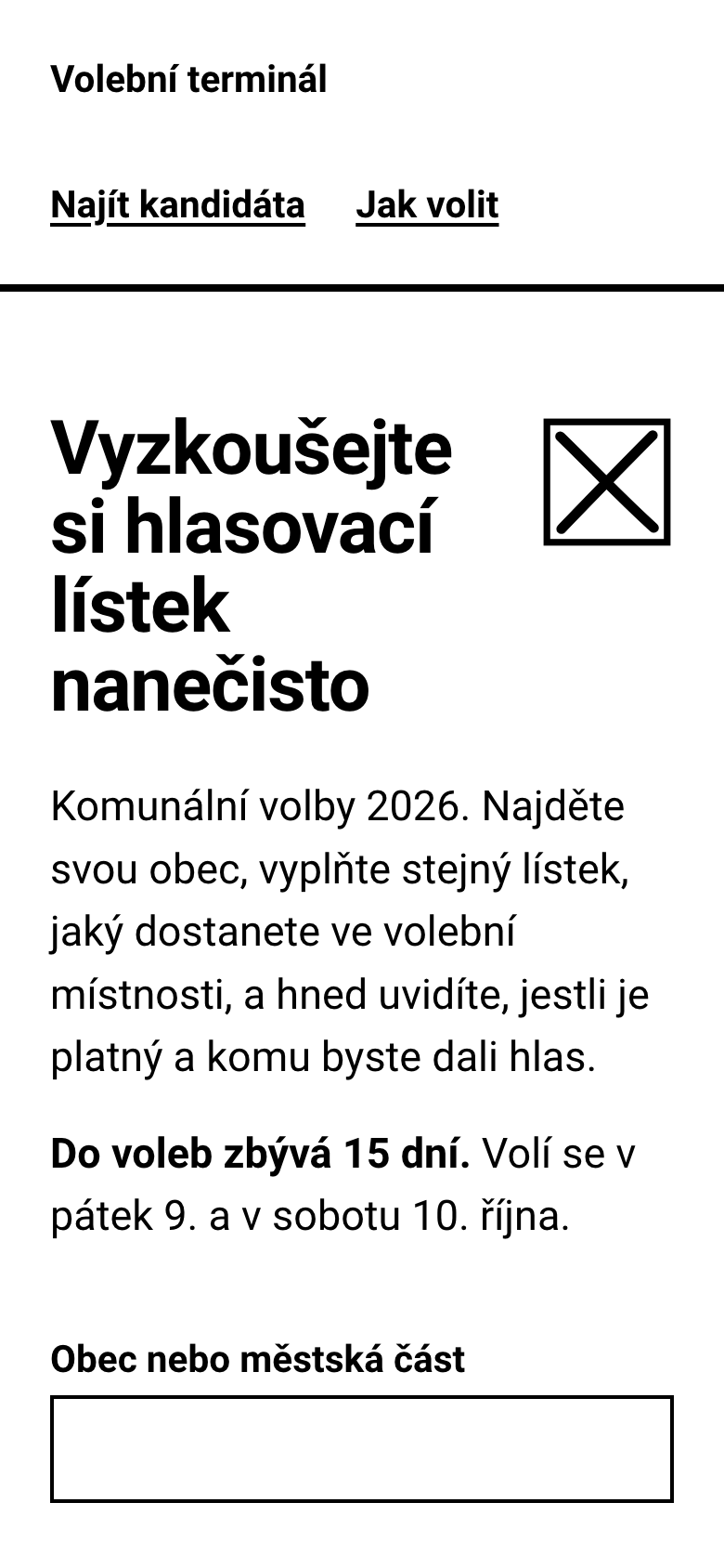 Úvodní stránka Volebního terminálu na telefonu